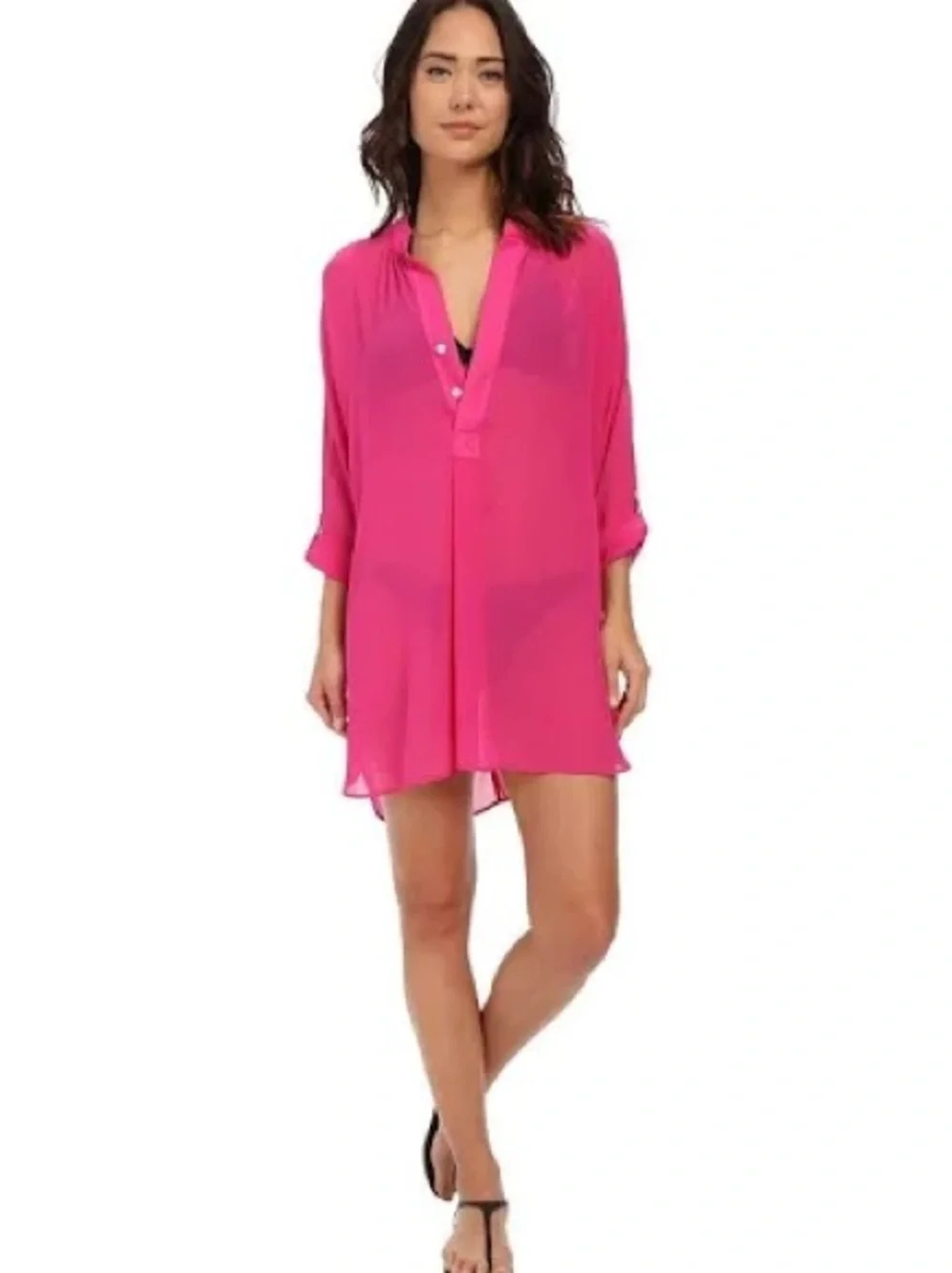 Tommy Bahama Mandarin Collar Tunic- Sheer Bright Pink Swim Cover-Up Blouse